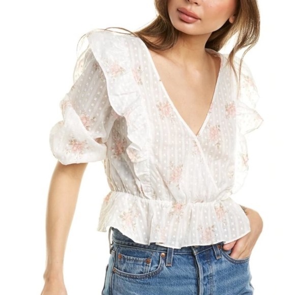 BCBGeneration Floral Swiss Dot Ruffled Peplum Top LIKE NEW!! - Picture 1 of 10